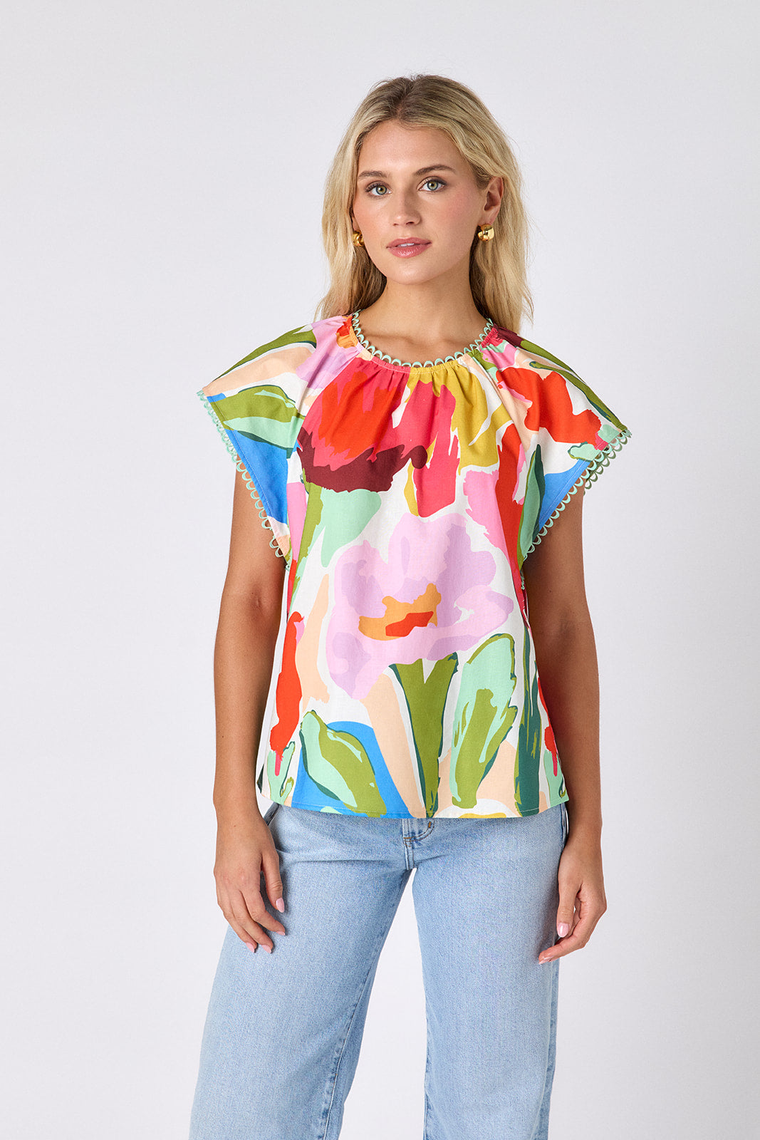 Painted Petals raglan style short sleeve top on model — CROSBY by Mollie Burch