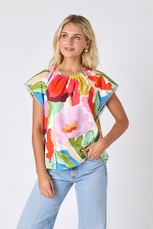 Painted Petals raglan style short sleeve top on model — CROSBY by Mollie Burch