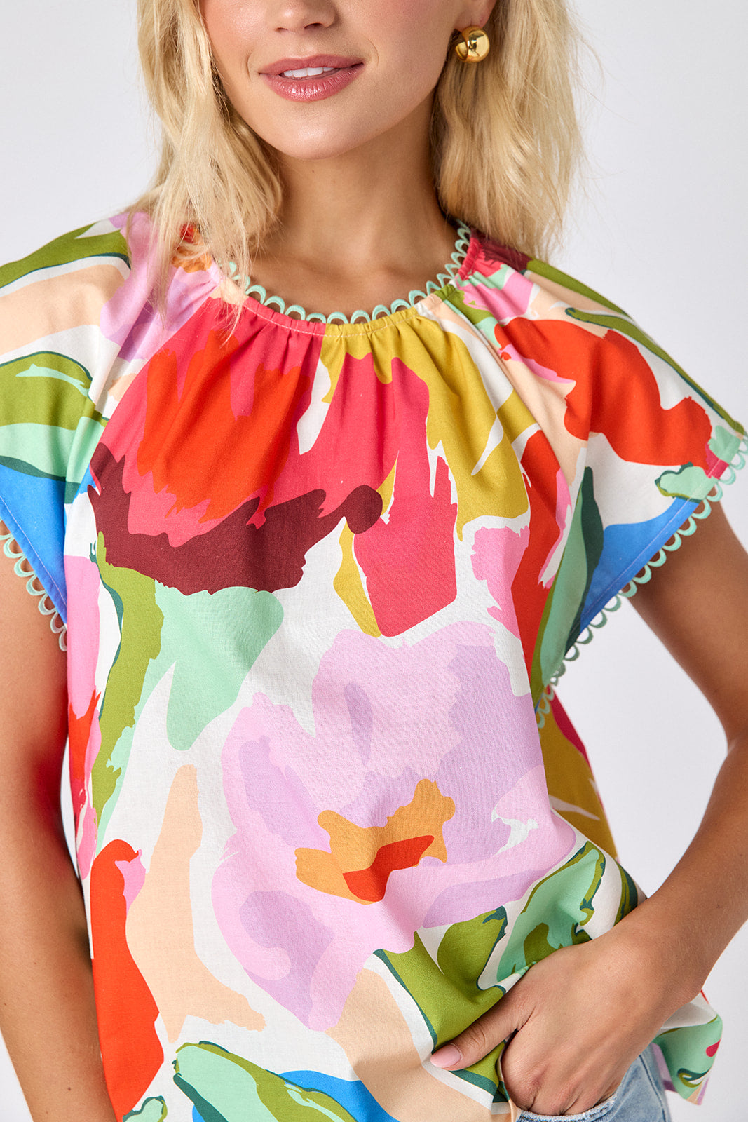 Painted Petals raglan style short sleeve top on model — CROSBY by Mollie Burch