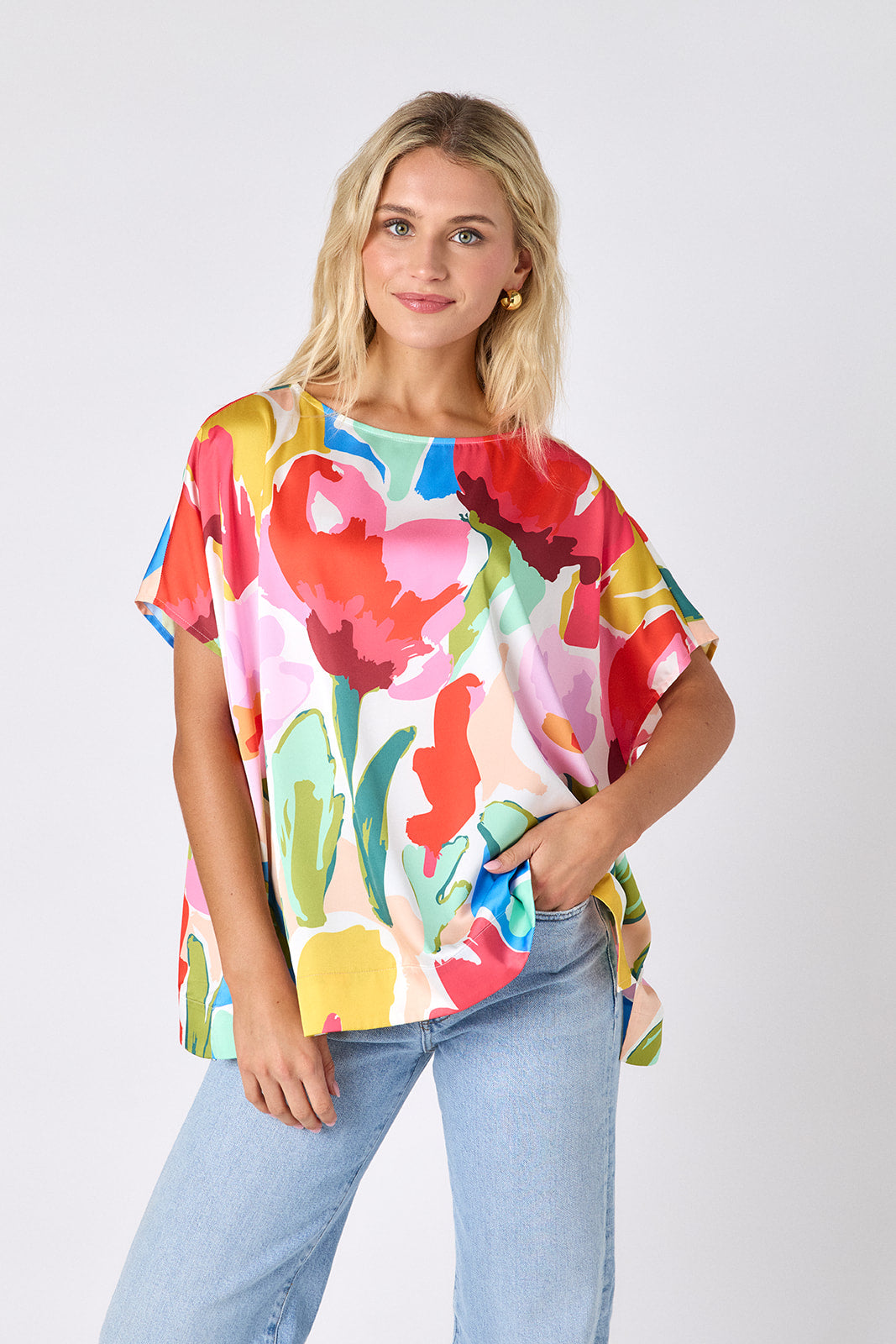 Painted Petals oversized short sleeve tunic on model — CROSBY by Mollie Burch