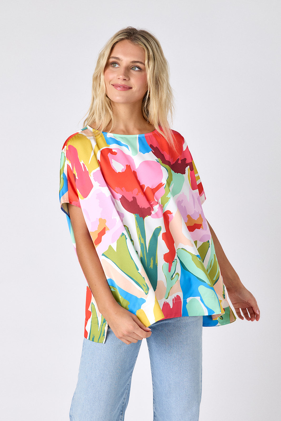 Painted Petals oversized short sleeve tunic on model — CROSBY by Mollie Burch