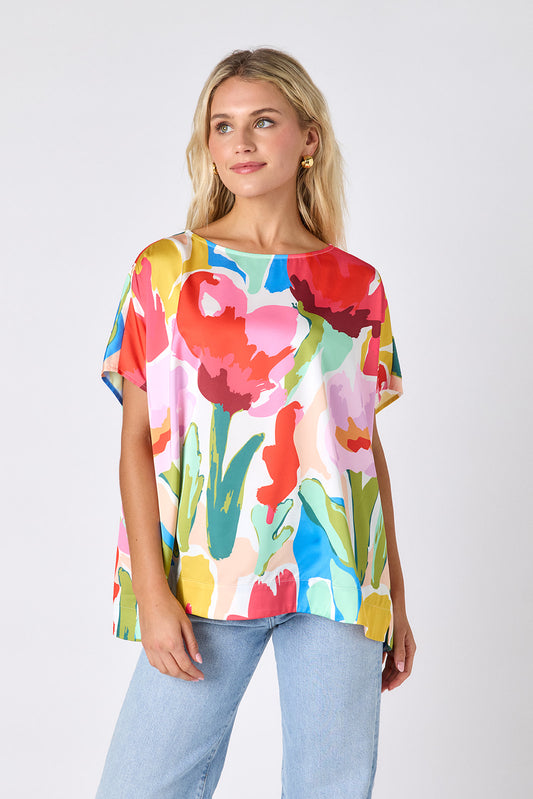 Painted Petals oversized short sleeve tunic on model — CROSBY by Mollie Burch