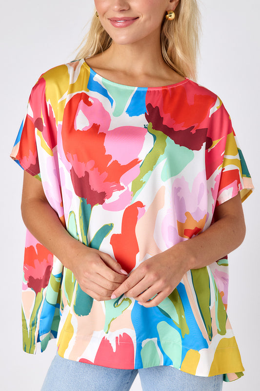 Painted Petals oversized short sleeve tunic on model — CROSBY by Mollie Burch
