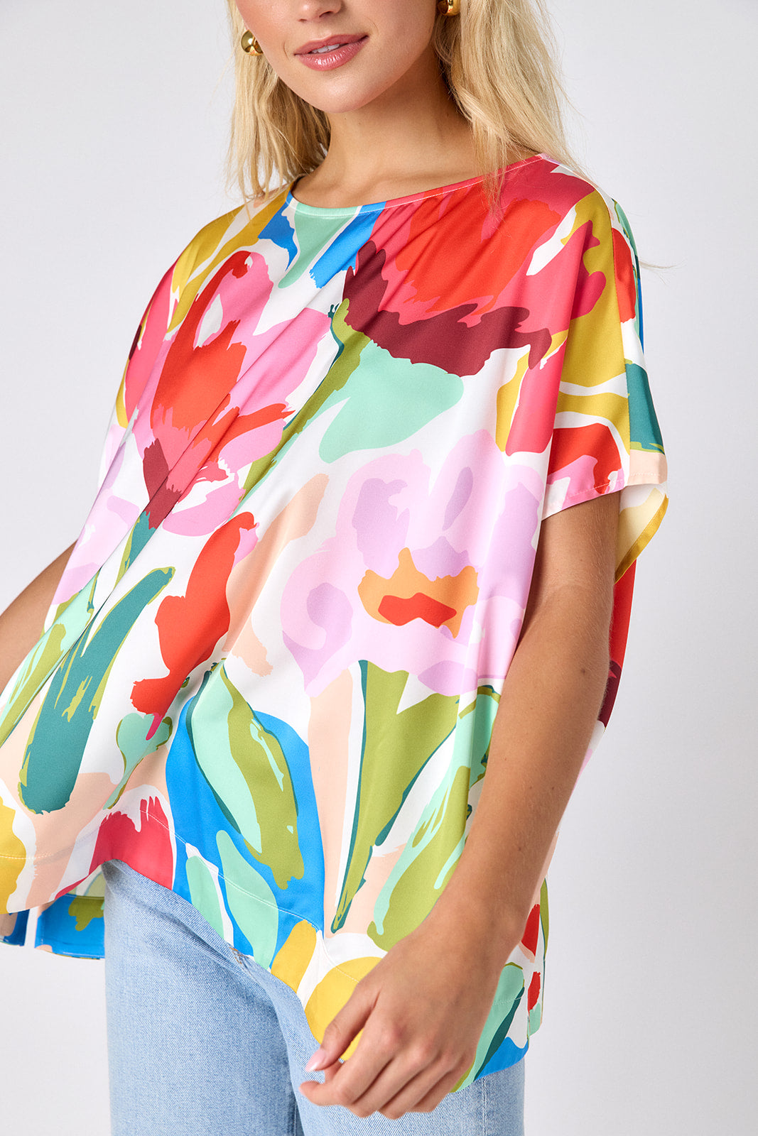 Painted Petals oversized short sleeve tunic on model — CROSBY by Mollie Burch