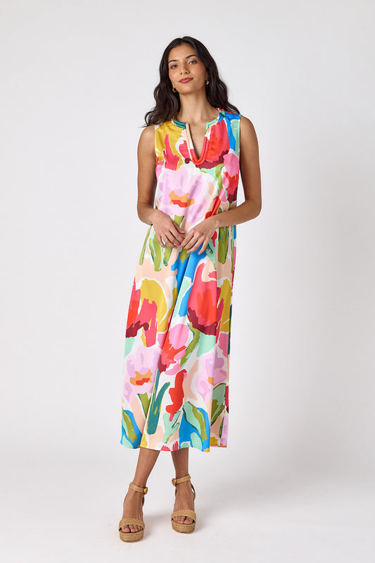 Painted Petals sleeveless v-neck ankle length dress on model — CROSBY by Mollie Burch