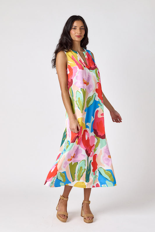 Painted Petals sleeveless v-neck ankle length dress on model — CROSBY by Mollie Burch