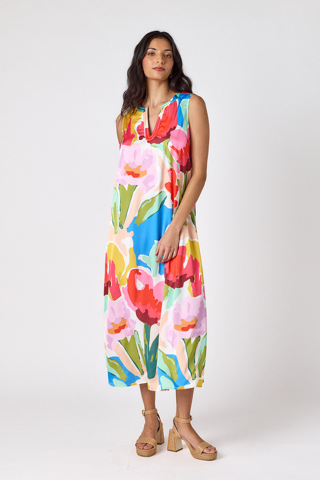 Painted Petals sleeveless v-neck ankle length dress on model — CROSBY by Mollie Burch