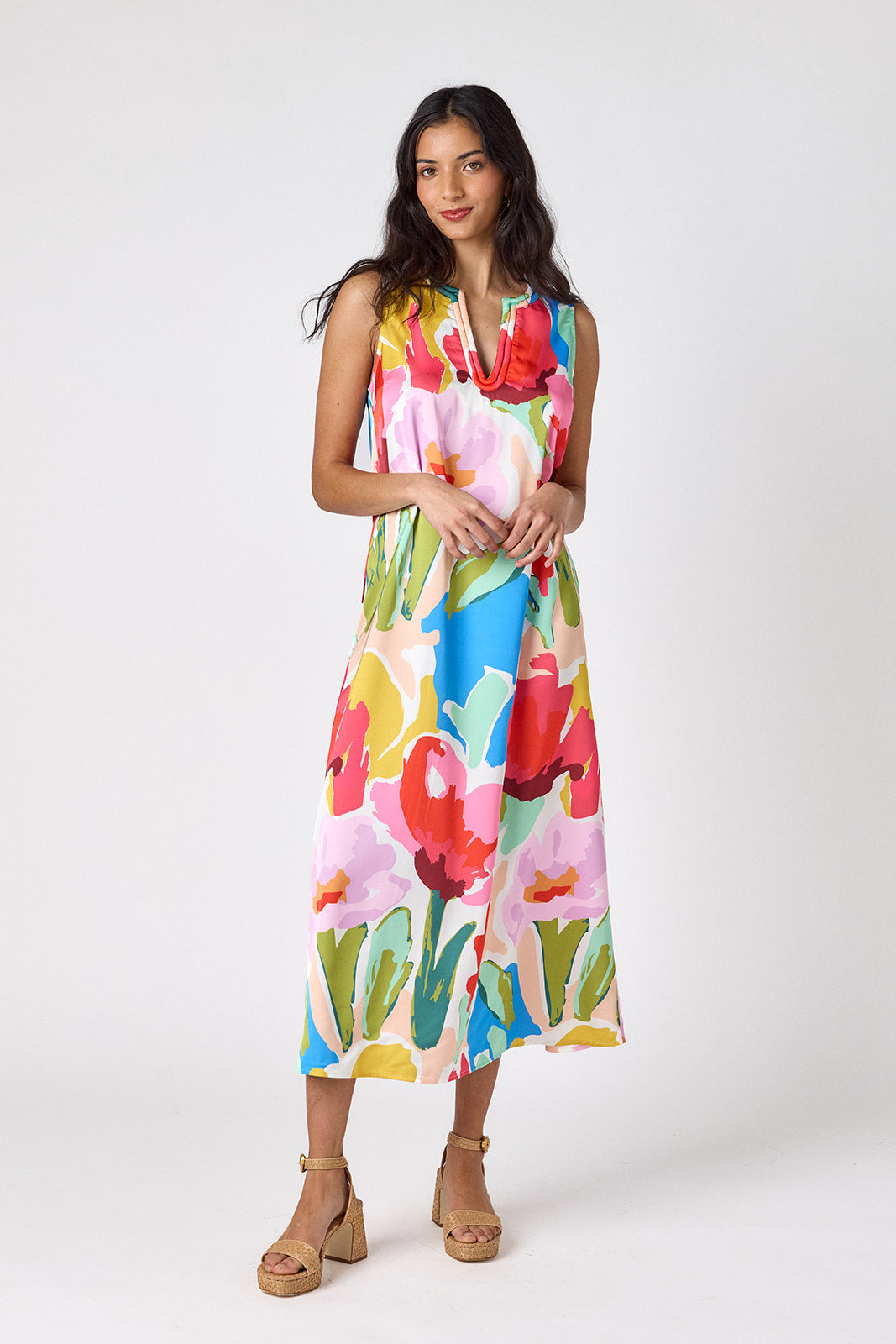 Painted Petals sleeveless v-neck ankle length dress on model — CROSBY by Mollie Burch