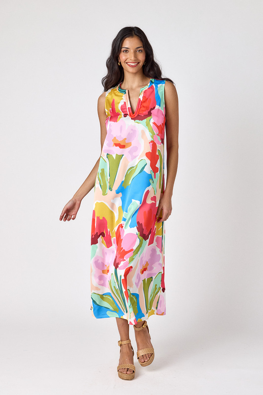 Painted Petals sleeveless v-neck ankle length dress on model — CROSBY by Mollie Burch