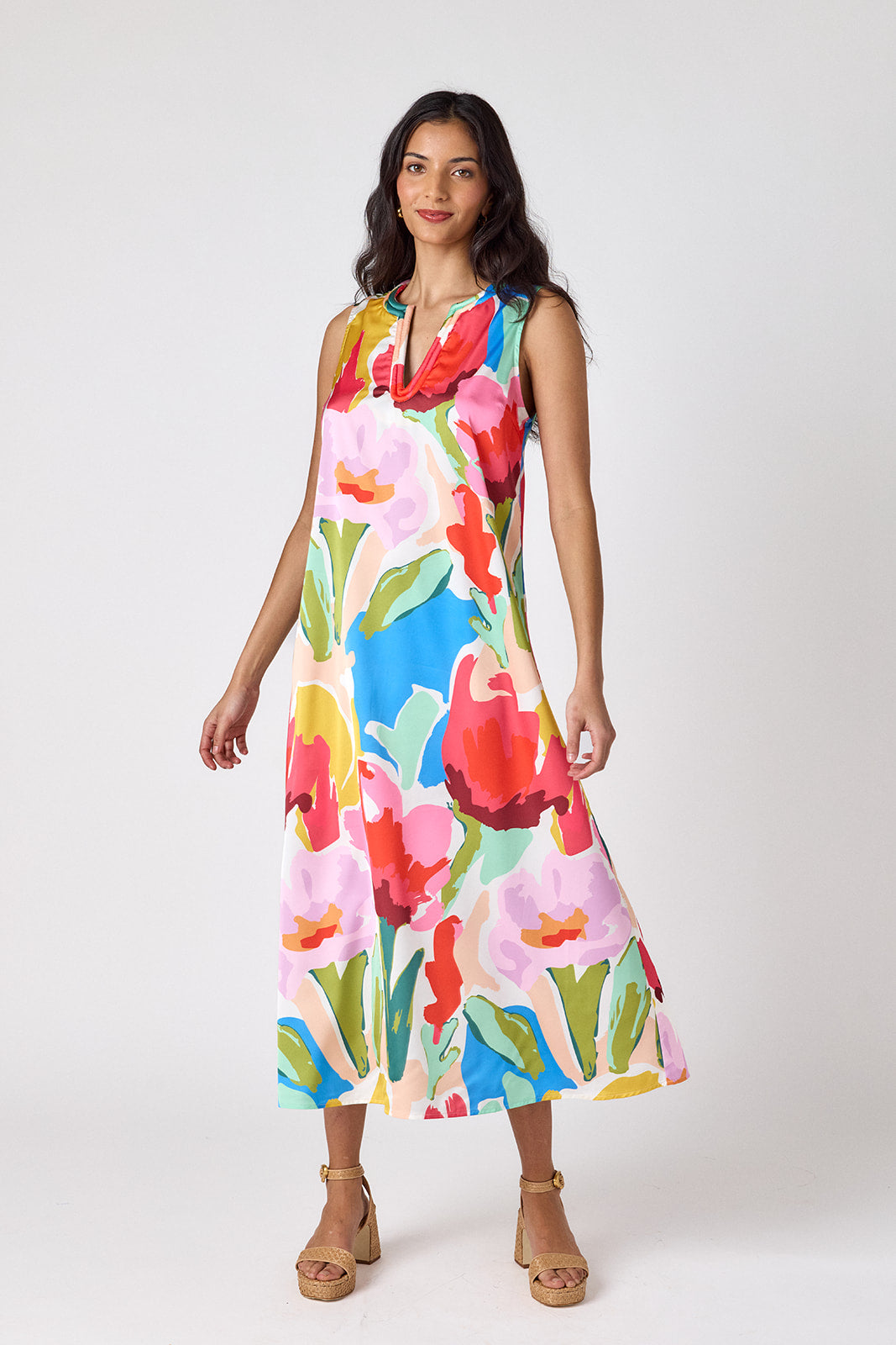 Painted Petals sleeveless v-neck ankle length dress on model — CROSBY by Mollie Burch