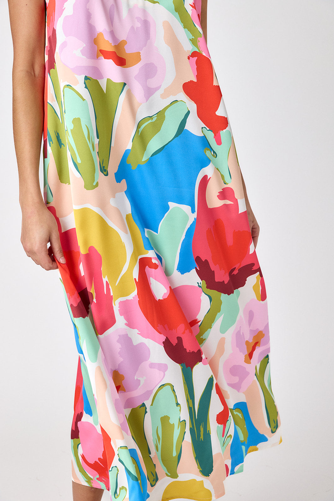 Painted Petals sleeveless v-neck ankle length dress on model — CROSBY by Mollie Burch