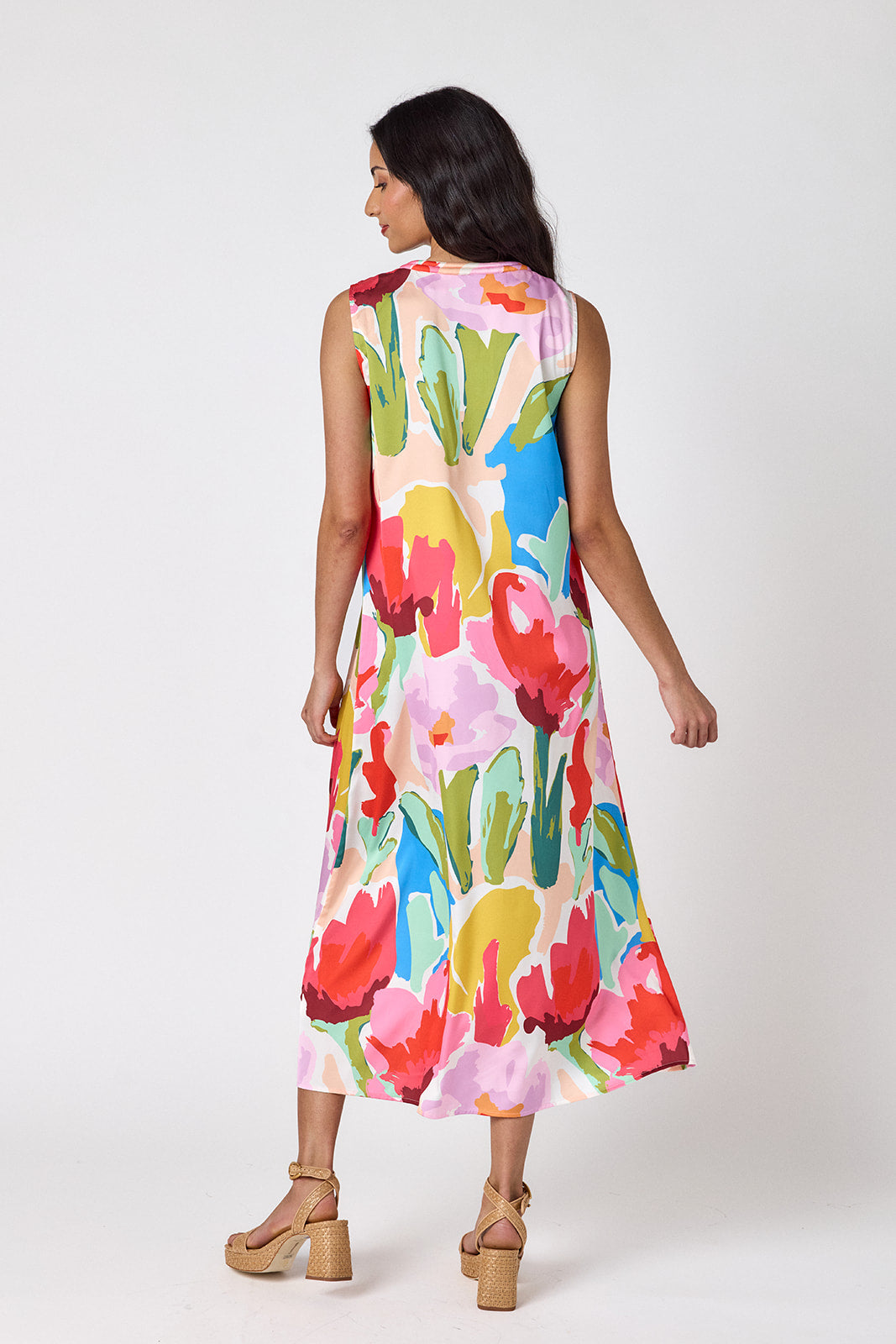 Painted Petals sleeveless v-neck ankle length dress on model — CROSBY by Mollie Burch