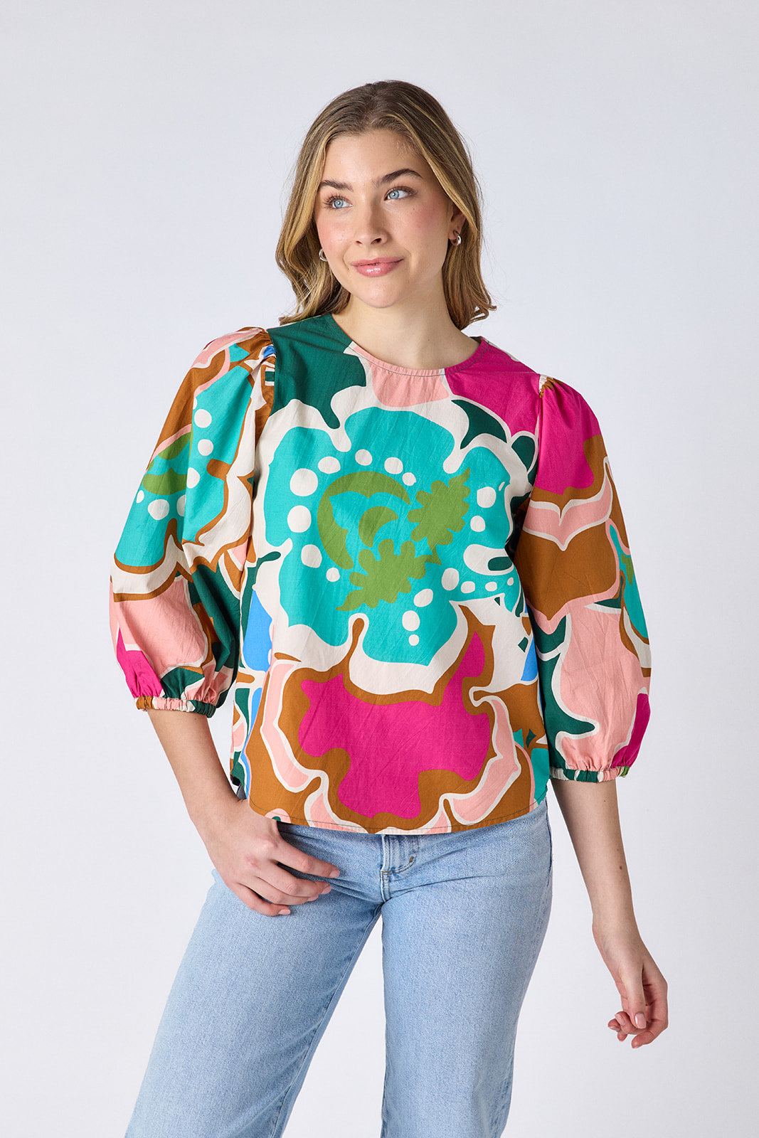 Petal Pop top with balloon sleeve on model — CROSBY by Mollie Burch
