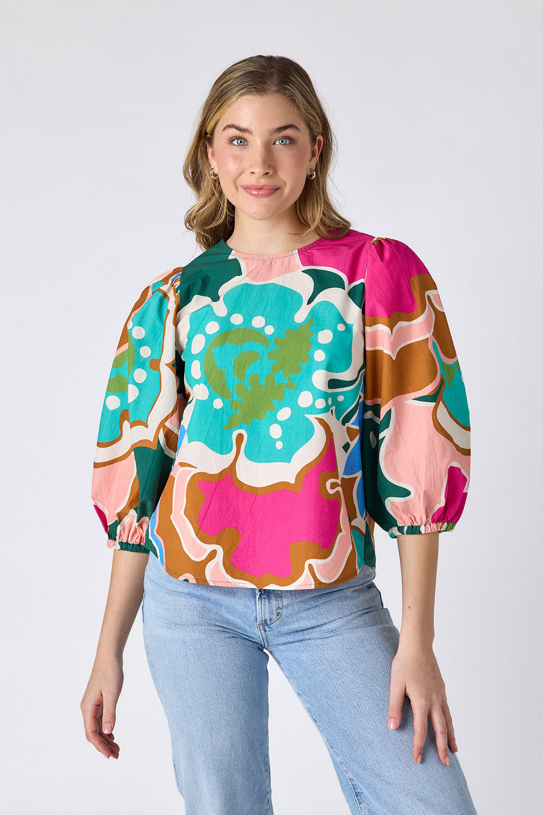 Petal Pop top with balloon sleeve on model — CROSBY by Mollie Burch