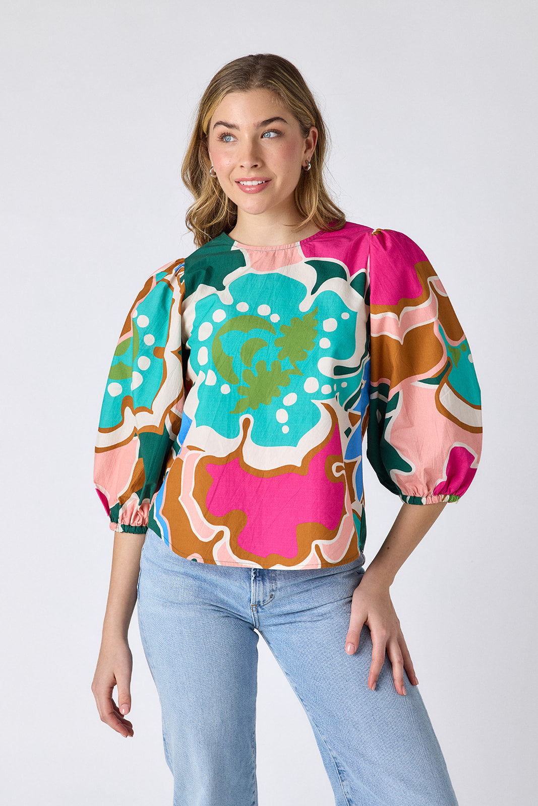 Petal Pop top with balloon sleeve on model — CROSBY by Mollie Burch