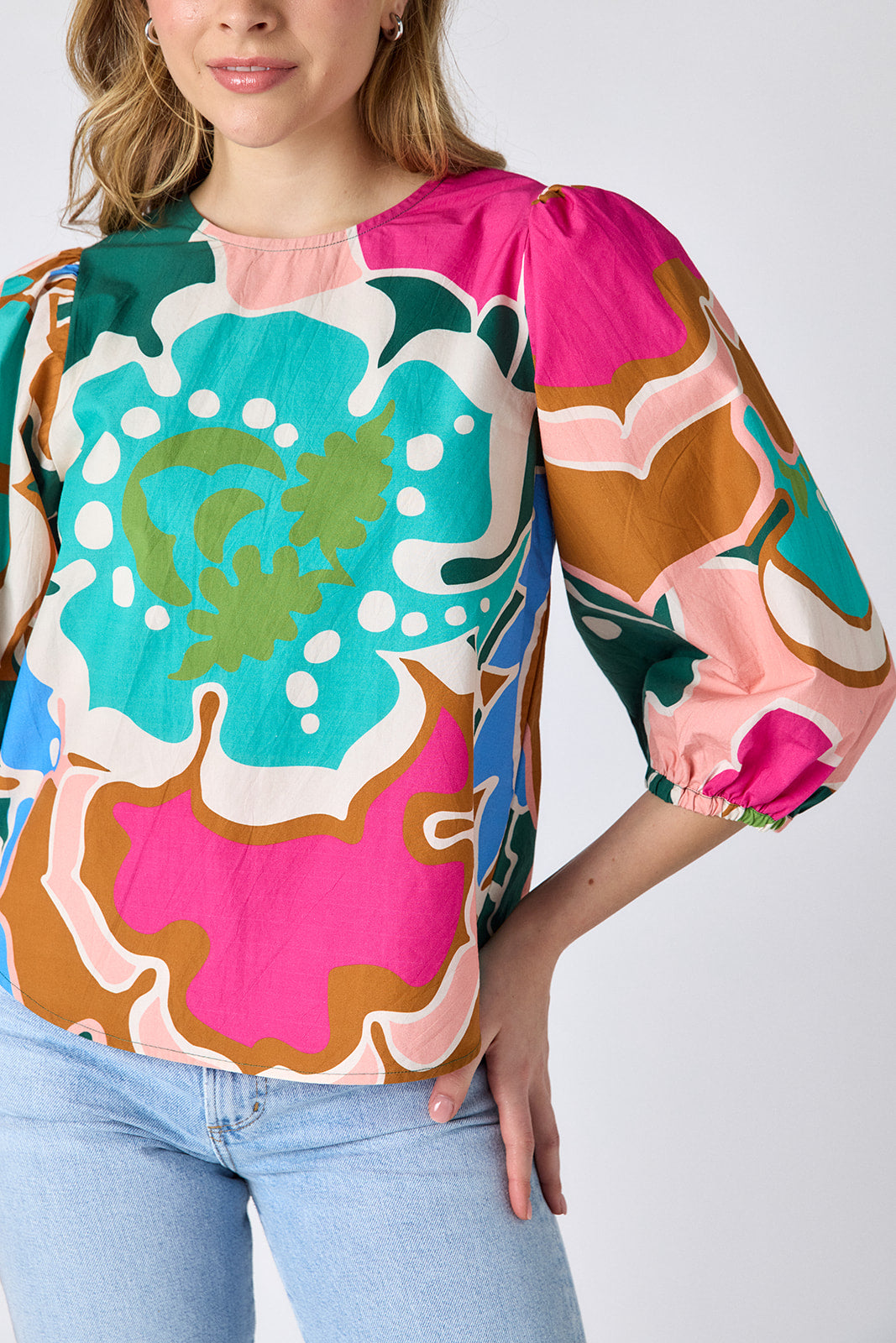 Petal Pop top with balloon sleeve on model — CROSBY by Mollie Burch