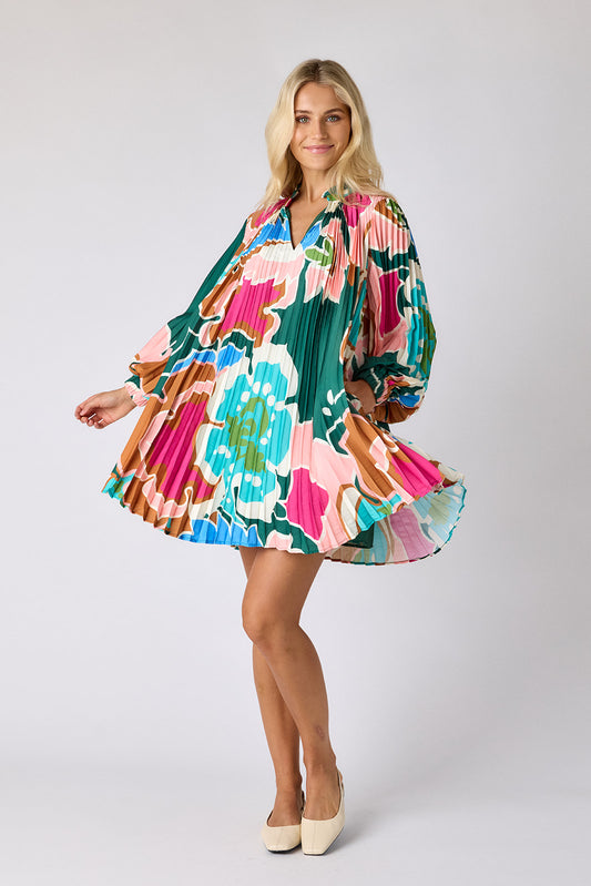 Petal Pop pleated tent dress on model — CROSBY by Mollie Burch