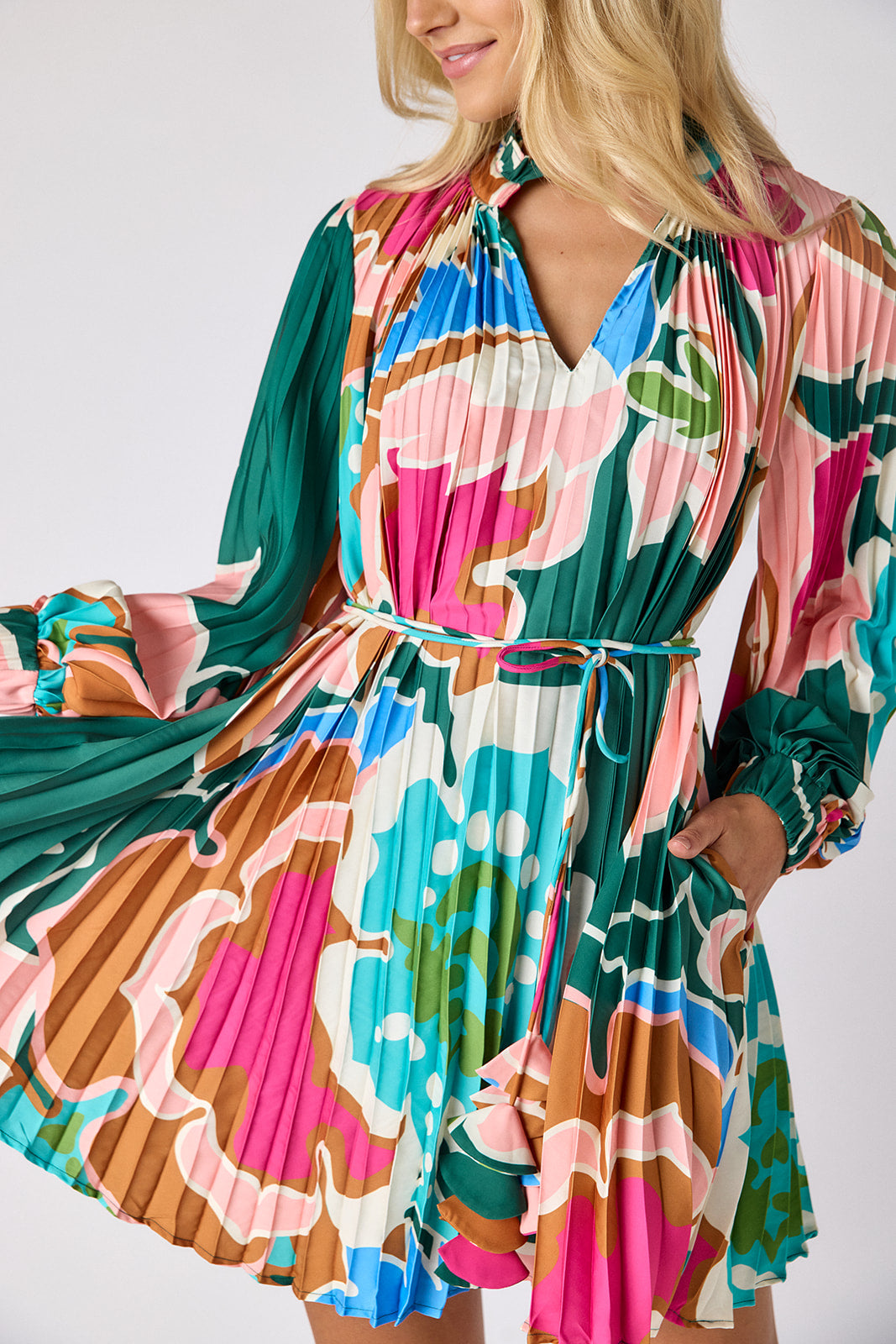 Petal Pop pleated tent dress on model — CROSBY by Mollie Burch
