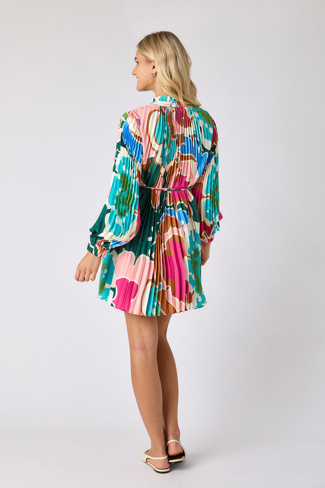 Petal Pop pleated tent dress on model — CROSBY by Mollie Burch