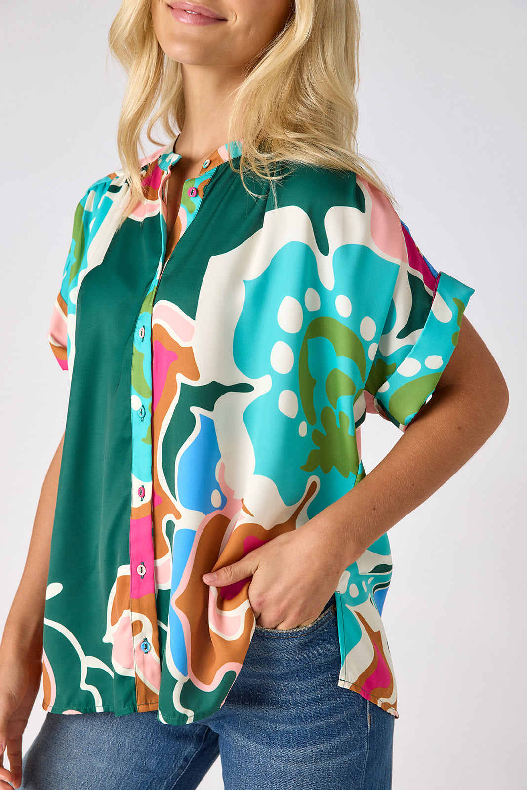 Petal Pop buttondown tunic top on model — CROSBY by Mollie Burch