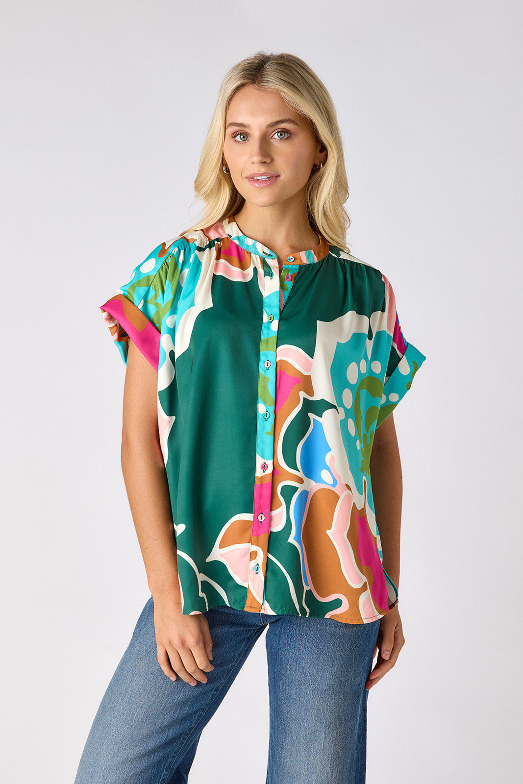 Petal Pop buttondown tunic top on model — CROSBY by Mollie Burch