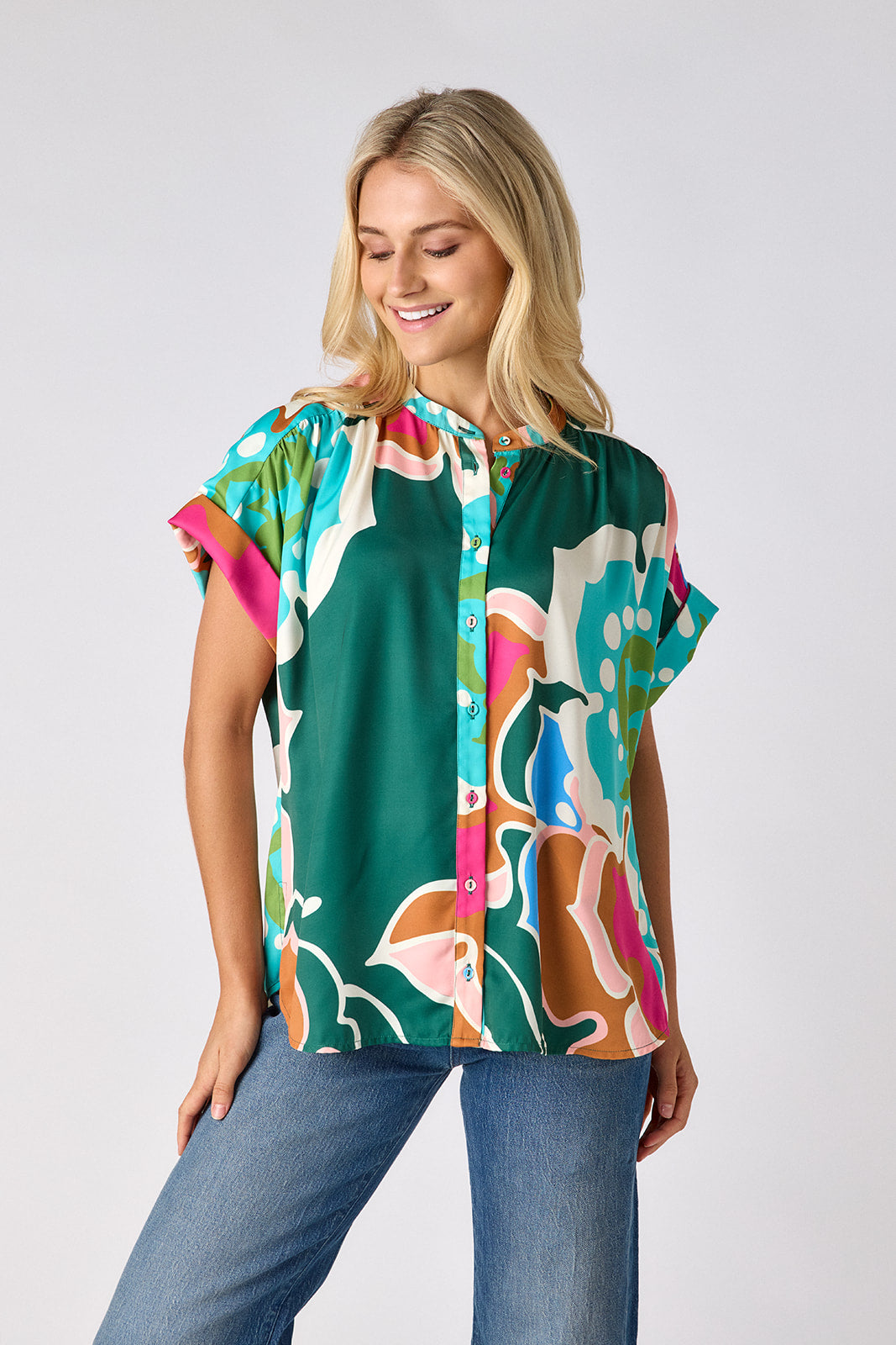 Petal Pop buttondown tunic top on model — CROSBY by Mollie Burch