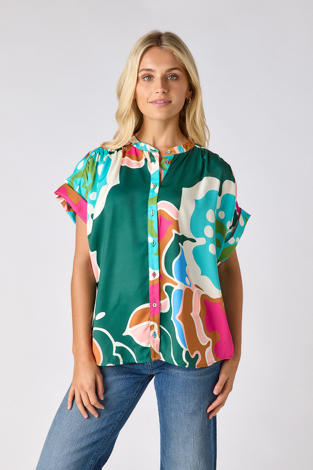 Petal Pop buttondown tunic top on model — CROSBY by Mollie Burch