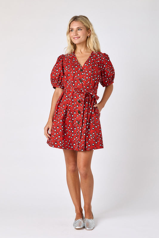Pheasant v-neck dress with puff sleeves and a swingy silhouette on model — CROSBY by Mollie Burch