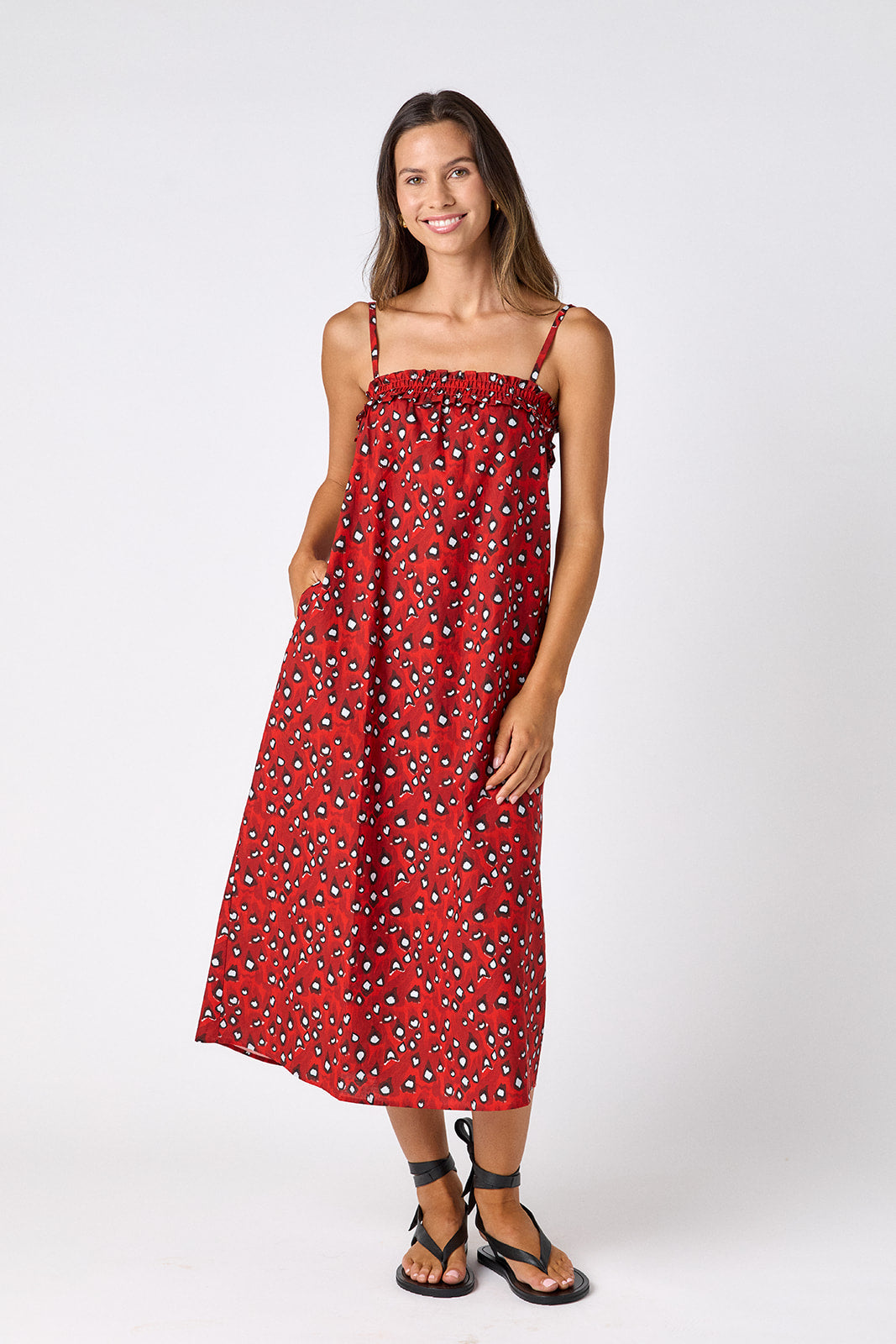 Pheasant tent style dress with smocking on model — CROSBY by Mollie Burch