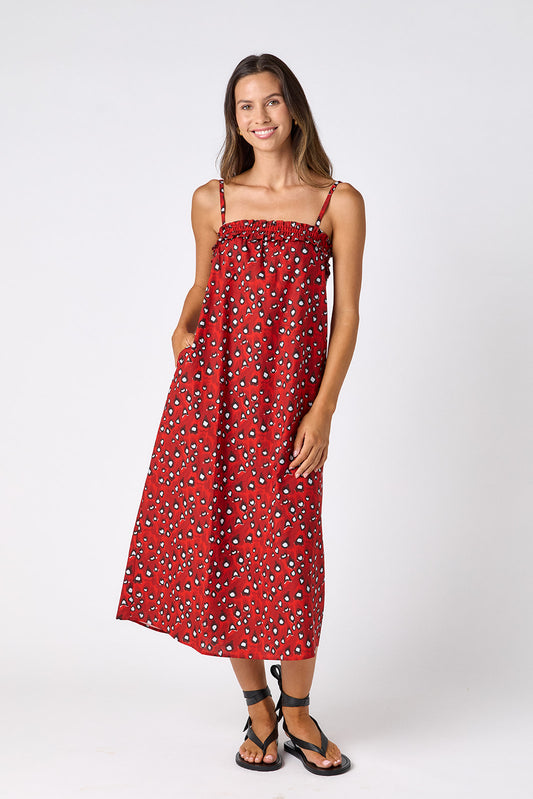 Pheasant tent style dress with smocking on model — CROSBY by Mollie Burch