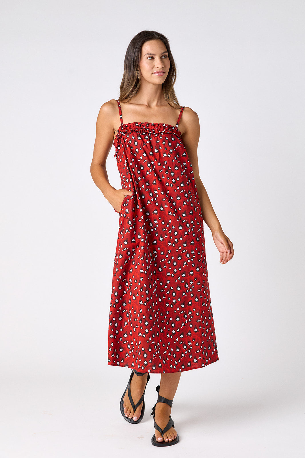 Pheasant tent style dress with smocking on model — CROSBY by Mollie Burch