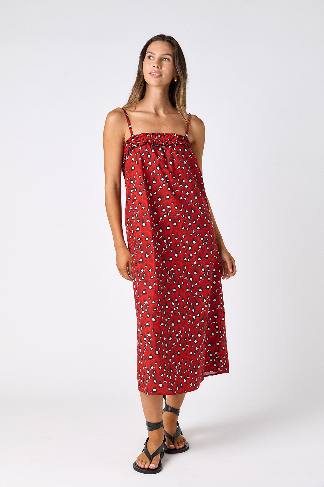 Pheasant tent style dress with smocking on model — CROSBY by Mollie Burch