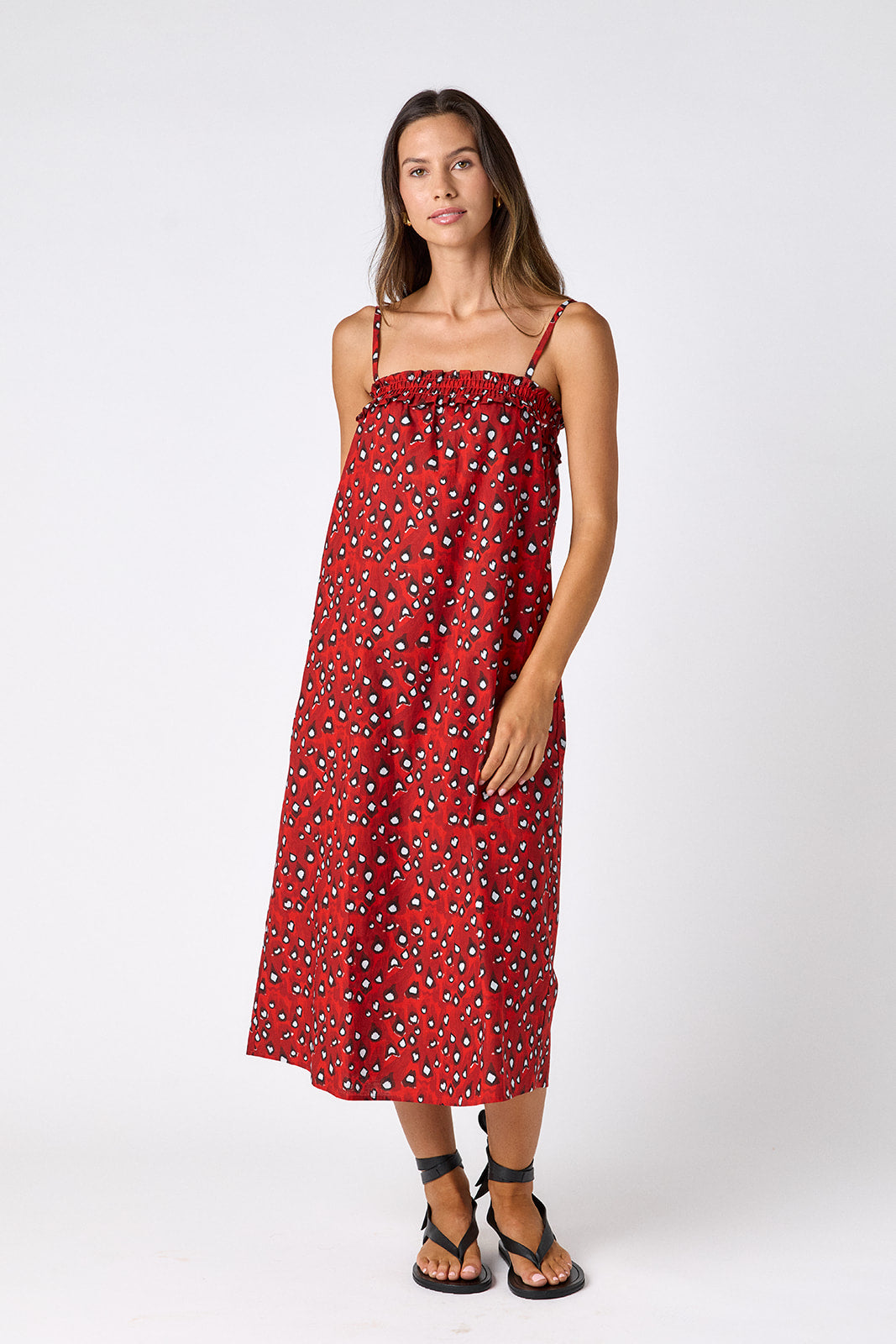 Pheasant tent style dress with smocking on model — CROSBY by Mollie Burch