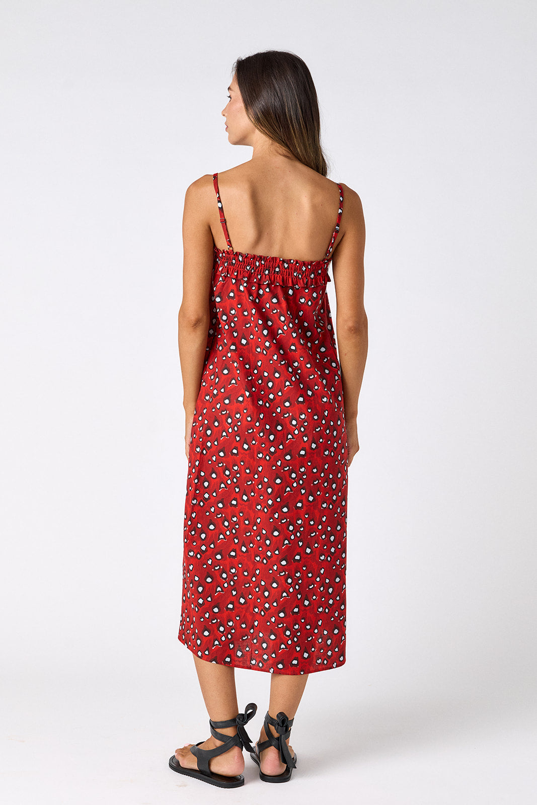 Pheasant tent style dress with smocking on model — CROSBY by Mollie Burch