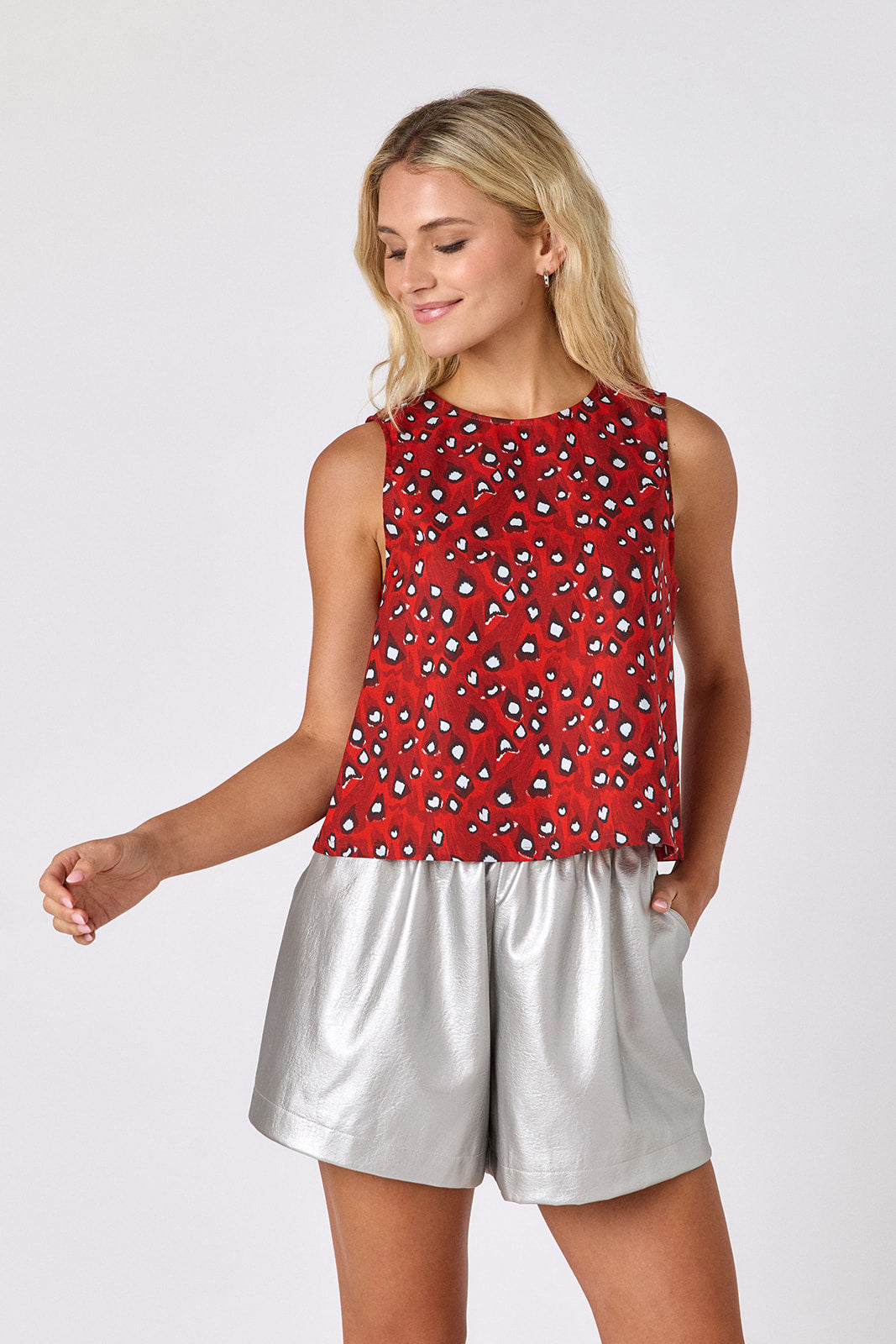 Silver shorts with Pheasant boxy tank on model — CROSBY by Mollie Burch