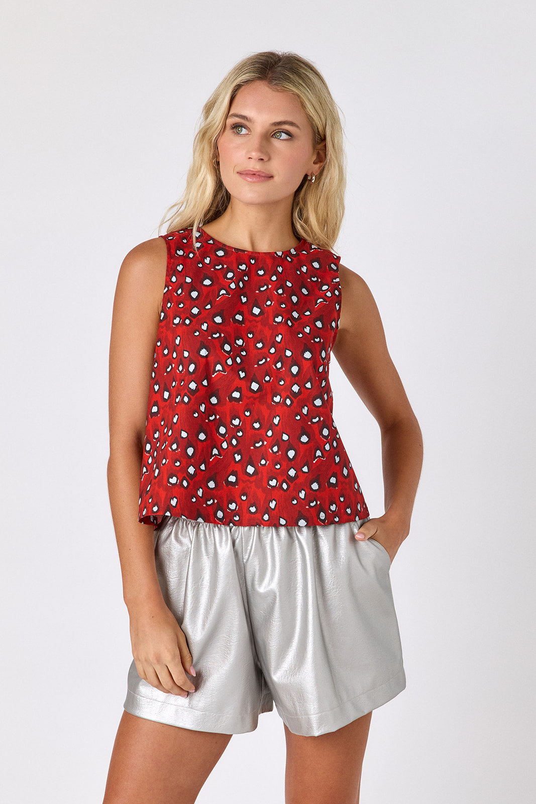 Silver shorts with Pheasant boxy tank on model — CROSBY by Mollie Burch