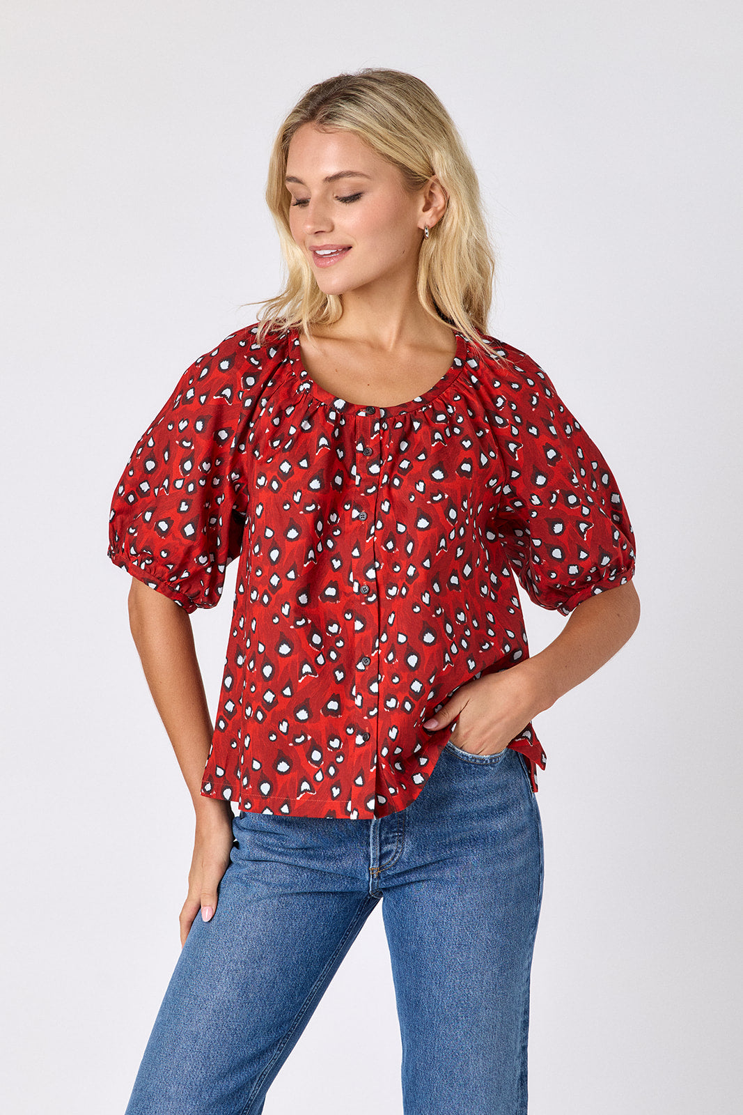 Pheasant button front top with balloon sleeves on model — CROSBY by Mollie Burch
