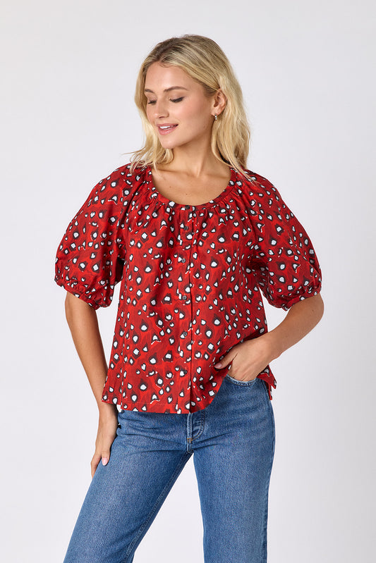 Pheasant button front top with balloon sleeves on model — CROSBY by Mollie Burch