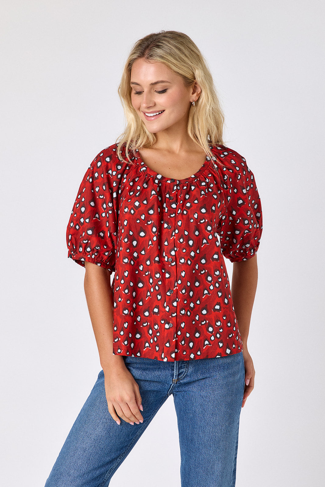 Pheasant button front top with balloon sleeves on model — CROSBY by Mollie Burch
