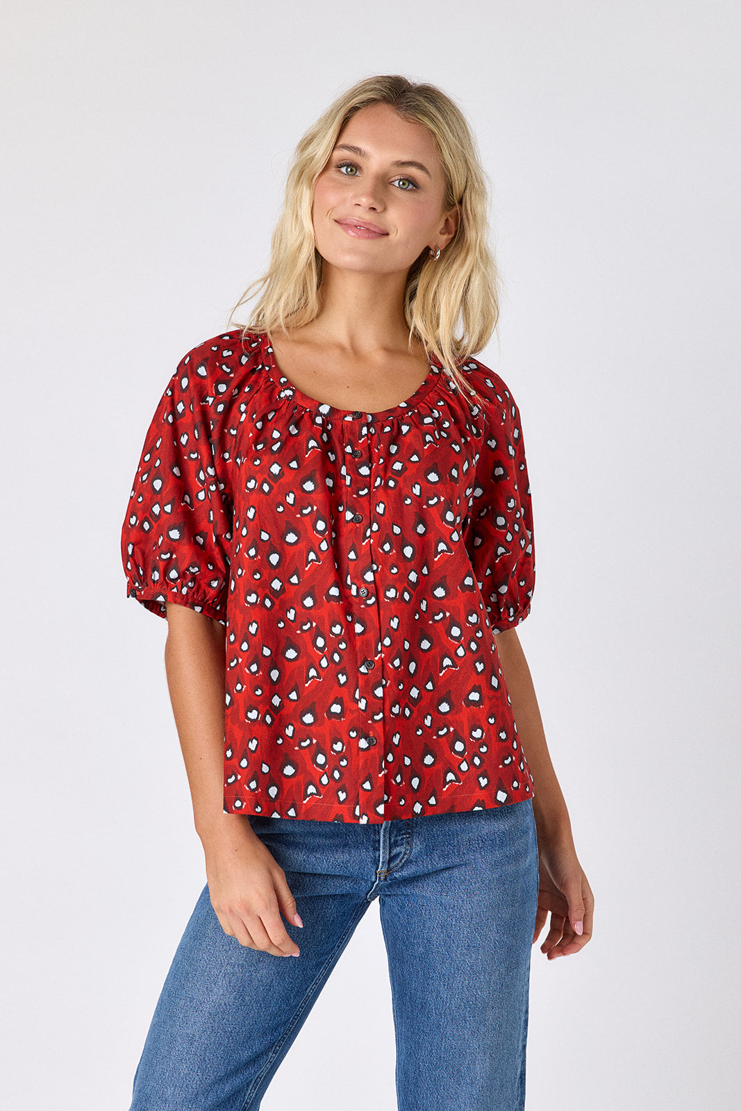 Pheasant button front top with balloon sleeves on model — CROSBY by Mollie Burch