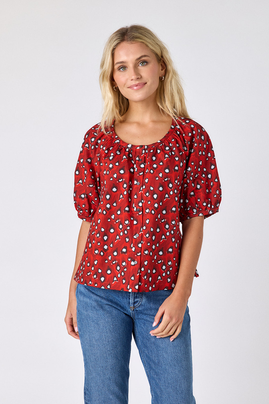 Pheasant button front top with balloon sleeves on model — CROSBY by Mollie Burch