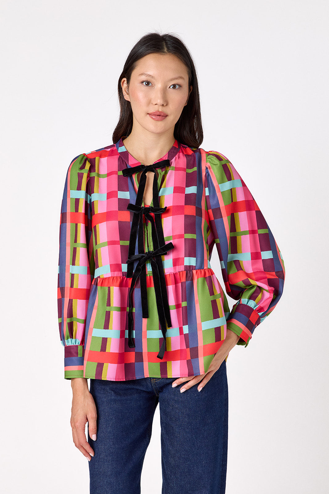 Renny Top featuring festive velvet bow detailing on model – CROSBY by Mollie Burch