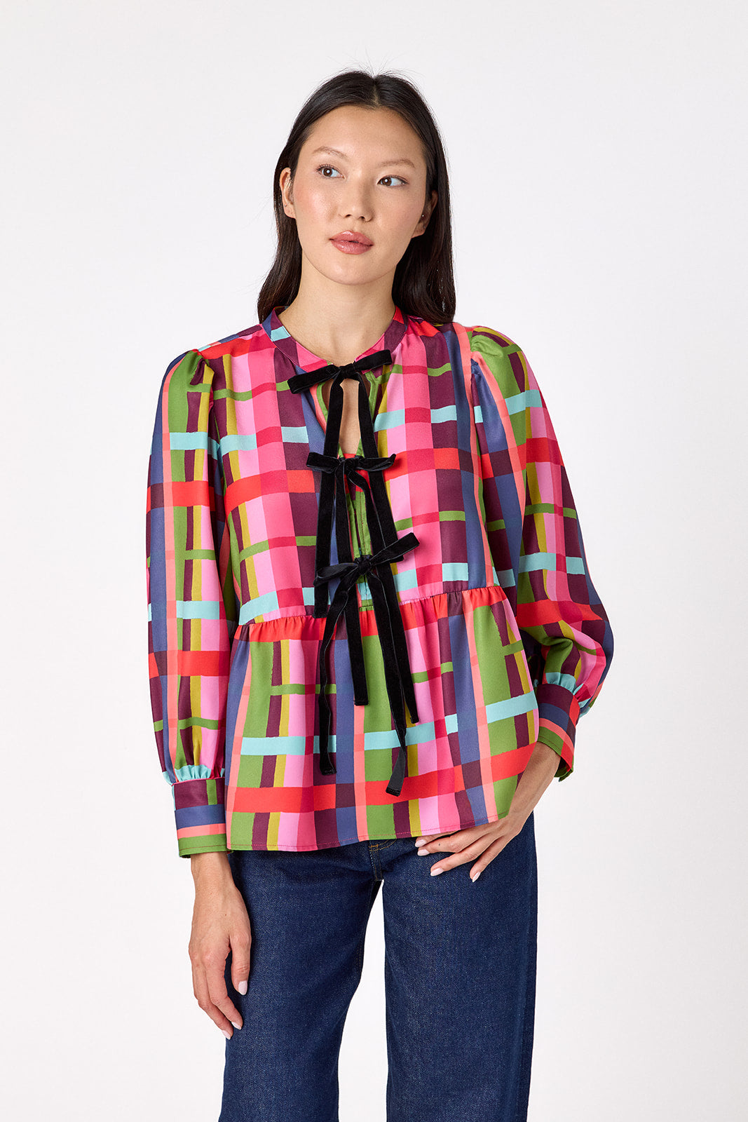 Renny Top featuring festive velvet bow detailing on model – CROSBY by Mollie Burch
