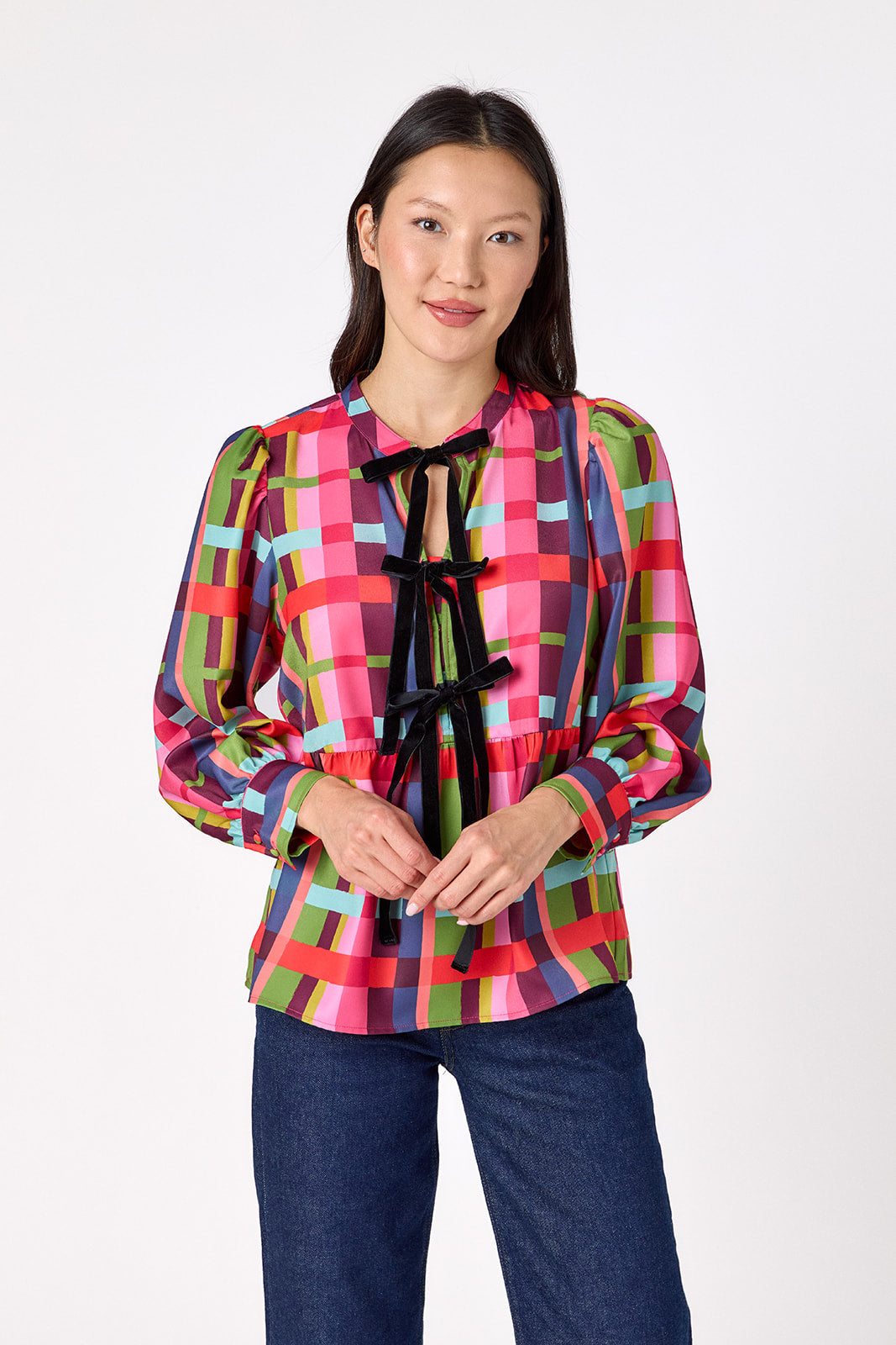 Renny Top featuring festive velvet bow detailing on model – CROSBY by Mollie Burch