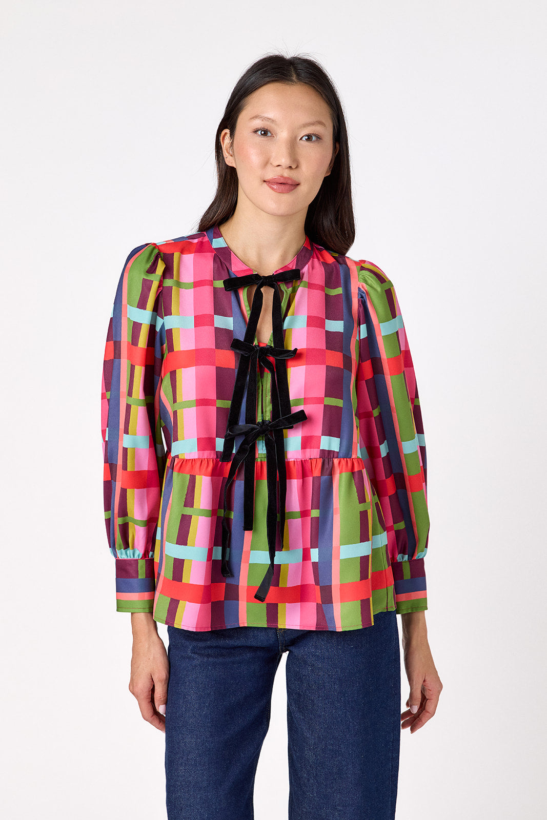 Renny Top featuring festive velvet bow detailing on model – CROSBY by Mollie Burch