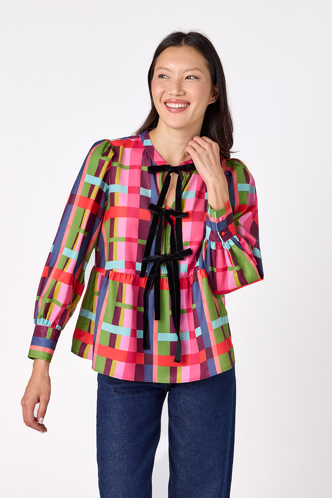 Renny Top featuring festive velvet bow detailing on model – CROSBY by Mollie Burch