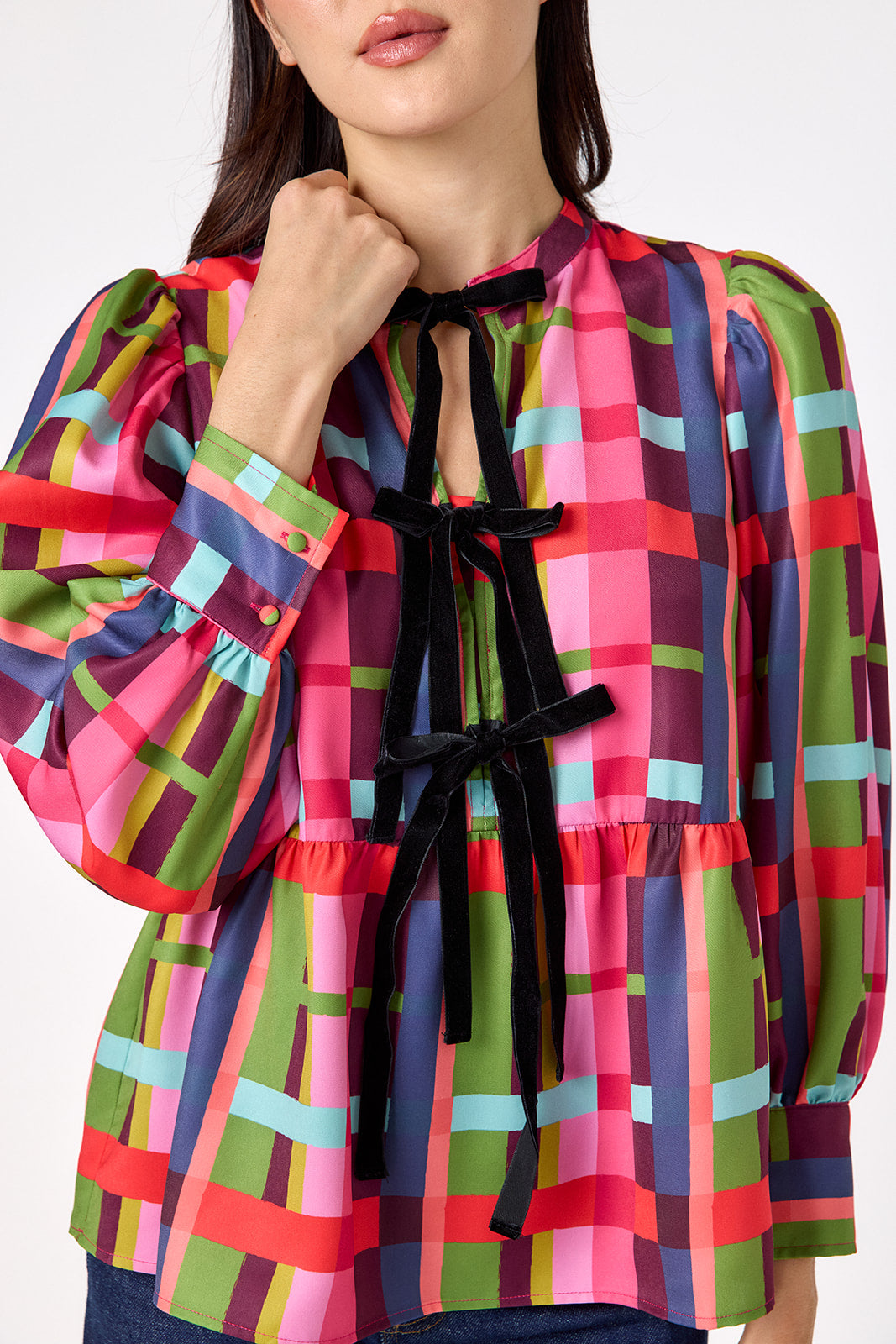 Renny Top featuring festive velvet bow detailing on model – CROSBY by Mollie Burch