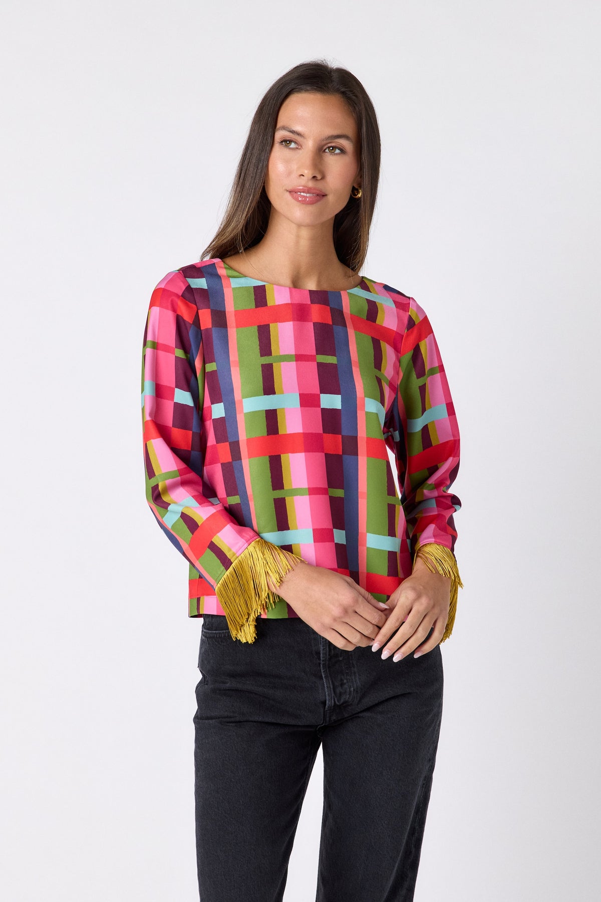 Maya Top in Plaid Parade featuring contrast fringe sleeve cuffs and back neck tie detailing on model – CROSBY by Mollie Burch