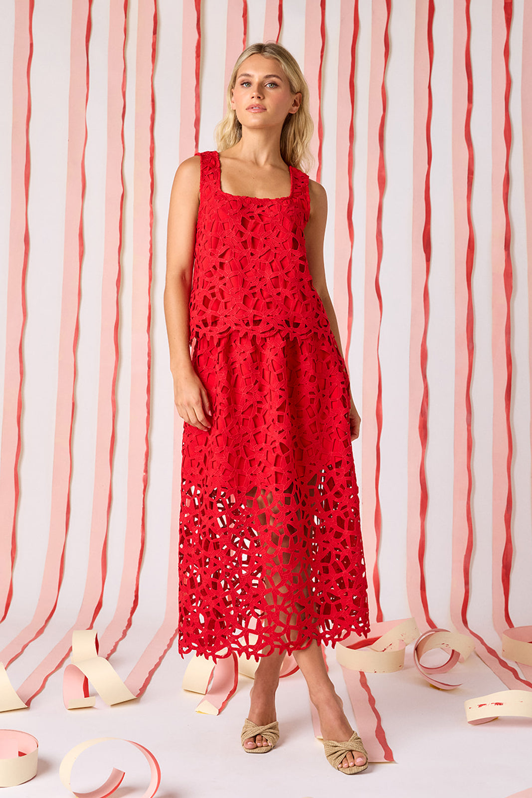Pomegranate Lace A-line skirt with matching tank top on model — CROSBY by Mollie Burch