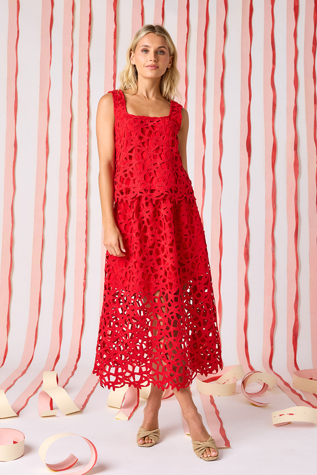 Pomegranate Lace boxy lace tank top with matching skirt on model — CROSBY by Mollie Burch